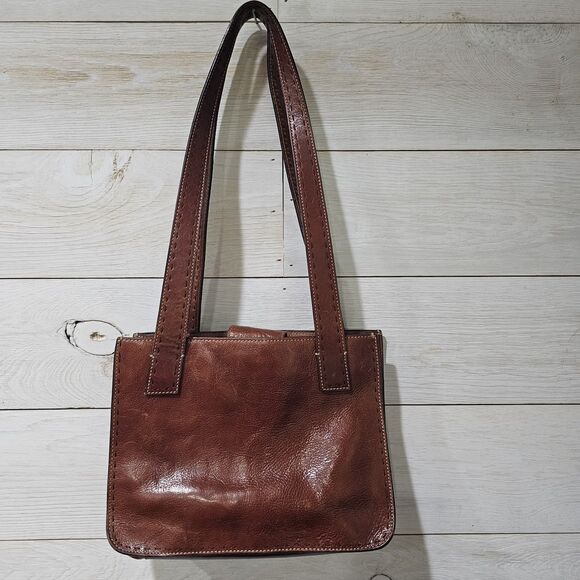 Vintage Fossil Brown Leather Handbag Purse Double Handle Snap Closure Tote Bag - Picture 1 of 14
